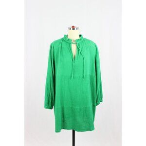 LINE THE LABEL Sunny Green Cotton Gauze Ruffle Neck Tiered A-Line Dress, Size S